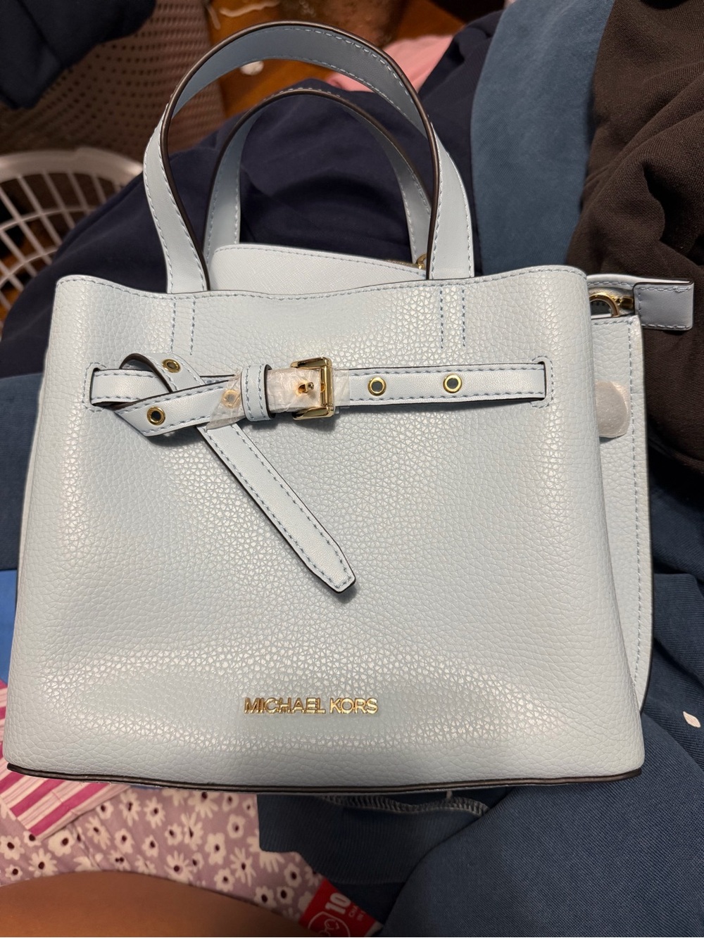 Michael Kors Pale Blue Pebbled Leather Satchel with Gold Hardware